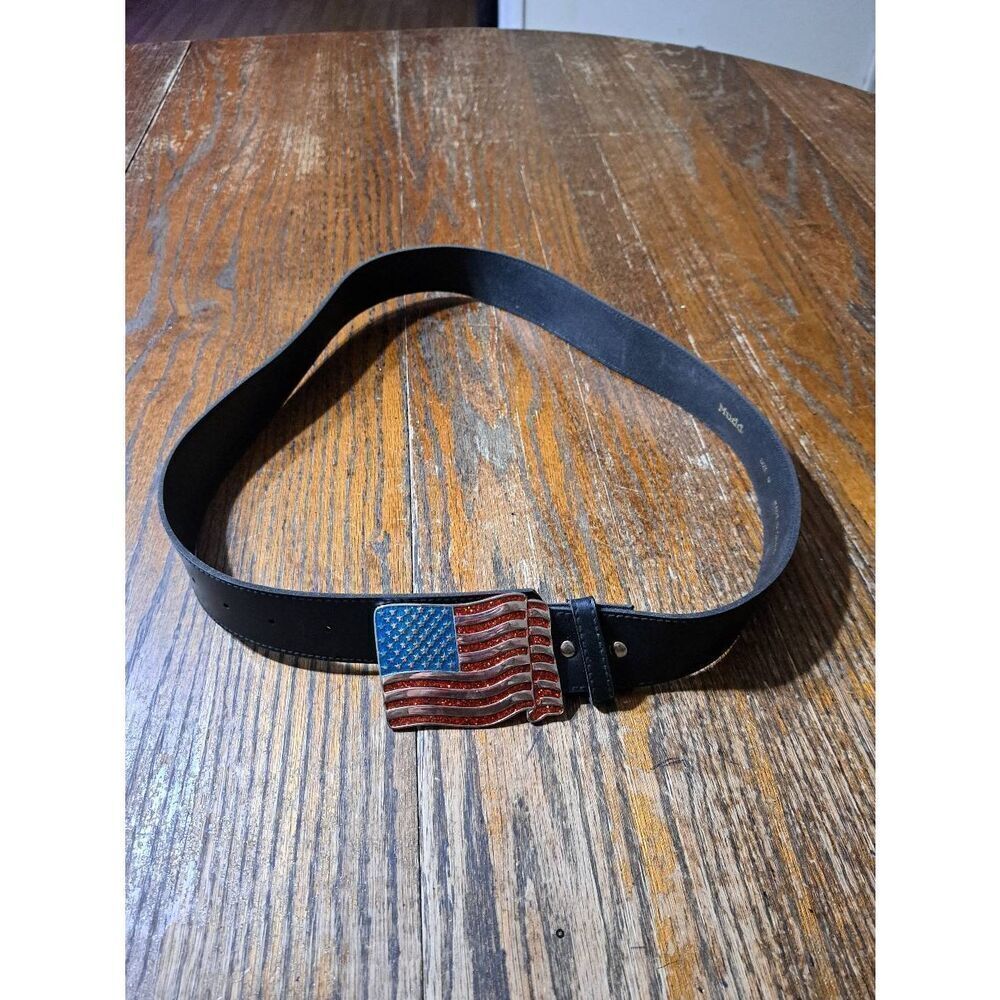 New Medium Mudd Jeans Black Faux Leather Belt with American Flag Belt Buckle
